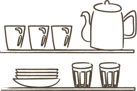 棚に並んだコーヒーカップとティーポットのイラスト